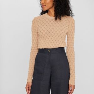 Pointelle Button Back Crew Sweater - New With Tags - NEVER WORN - Beige